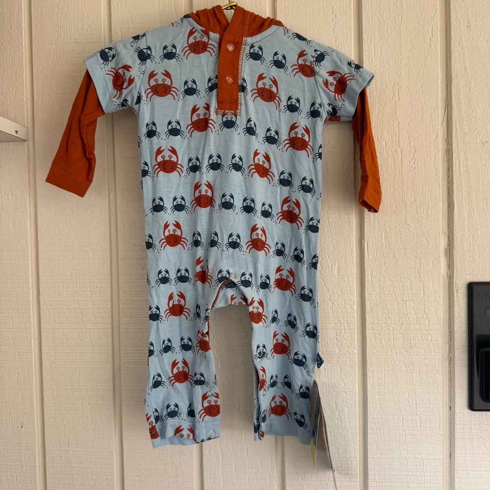 Kickee Pants Bamboo Long Sleeve Hoodie Romper Pond Crabbies crabs 0-3 months NEW